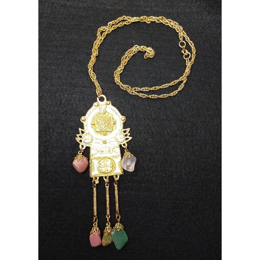 Figural Necklace W Natural Stones 10K Gold Tested (Plated?) 16.5" Drop Vintage